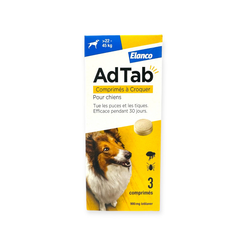 ADTAB 900mg de Lotilaner Antiparasitaire Interne Chien de +22 à 45kg - 3 Comprimés à Croquer