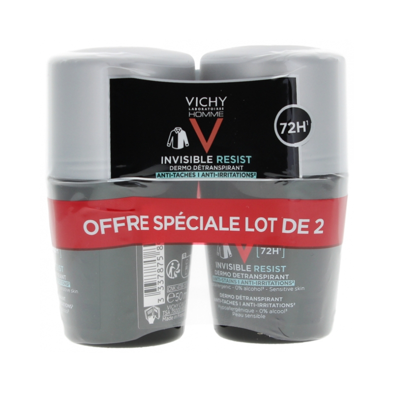 Vichy Homme Déodorant Invisible Resist Dermo-Détranspirant 72H Roll-On - Lot de 2 x 50 ml