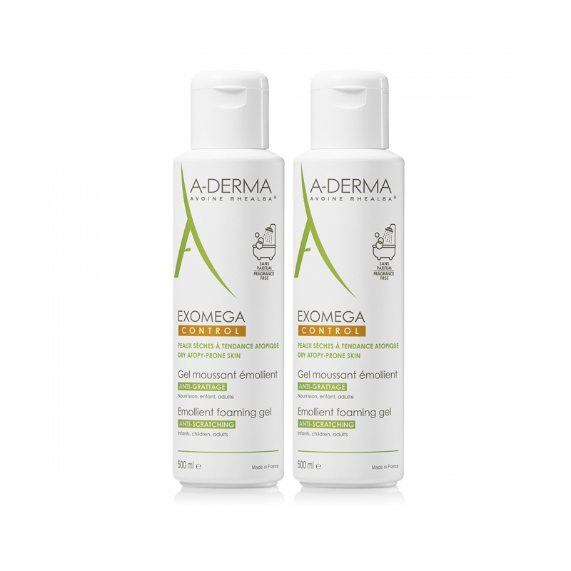 A-Derma Exomega Control Gel Moussant Emollient - lot de 2x500ml