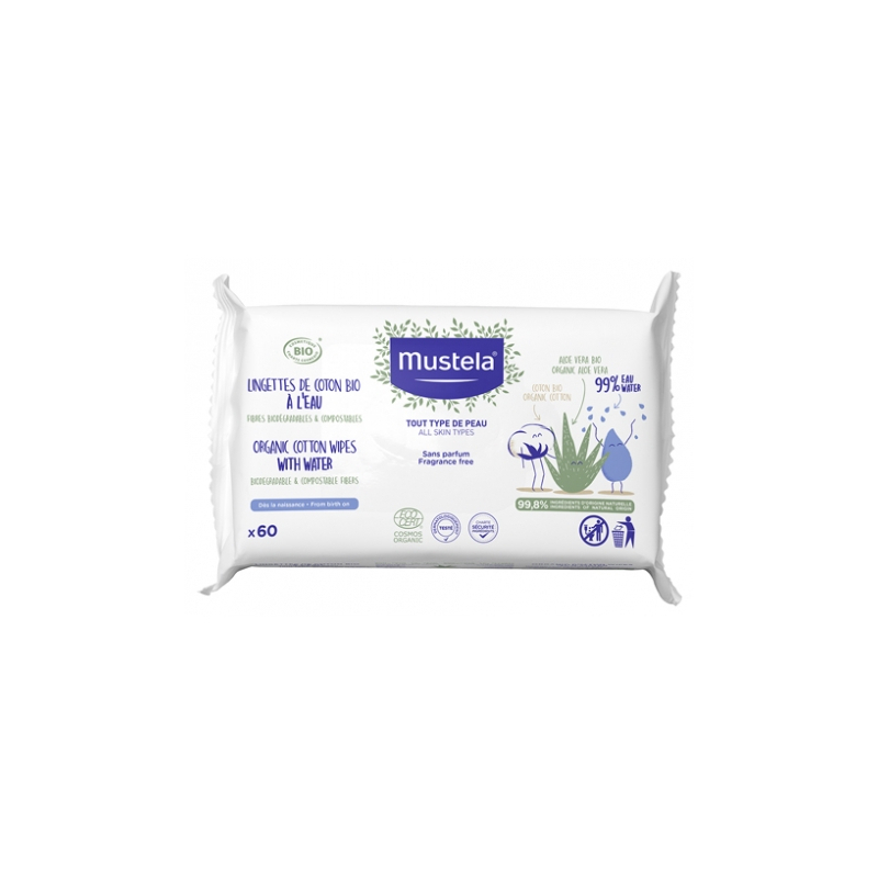 Mustela Lingettes de Coton Bio à l'Eau - 60 Lingettes