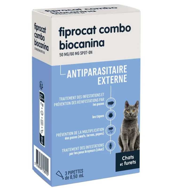 Biocanina Antiparasitaire externe Solution pour Spot-On Chats et Furets Fiprocat Combo - 3 pipettes