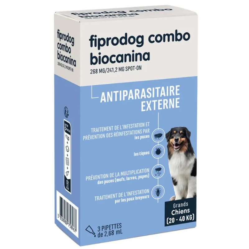 BIOCANINA antiparasitaire Externe - Fiprodog Combo Spot-On - Grands Chiens de 20 à 40kg - 3 Pipettes 