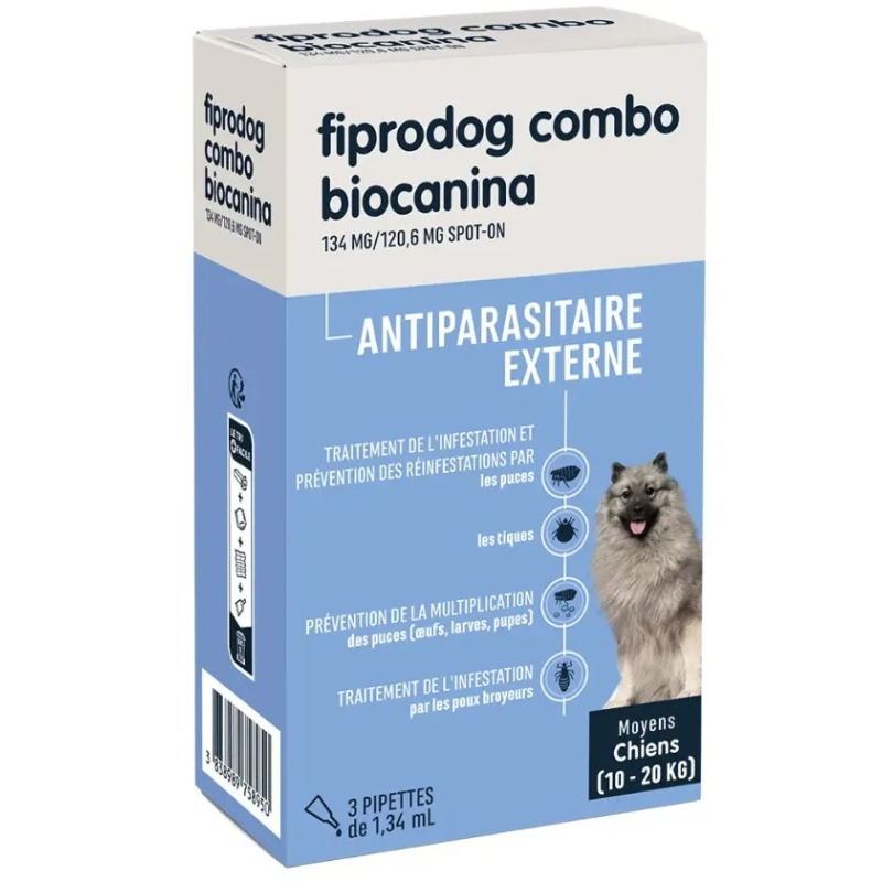 Biocanina Antiparasitaire externe Solution pour Spot-On Chiens Moyens de 10 kg a 20kg Fiprodog Combo - 3 pipettes