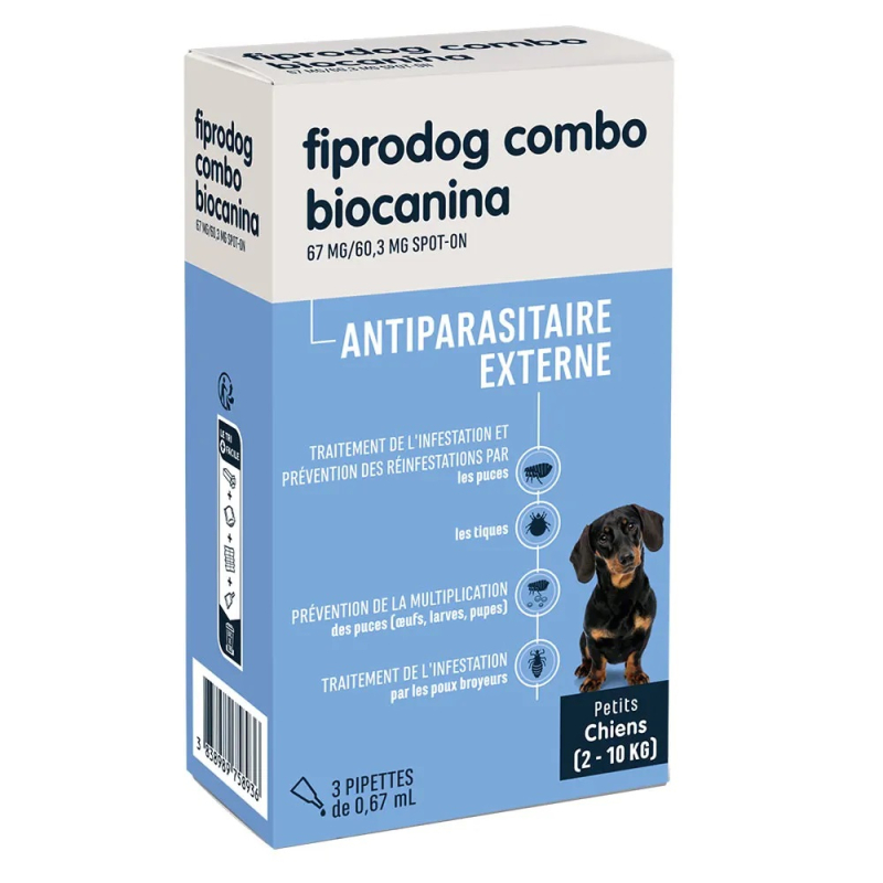 Biocanina Antiparasitaire externe Solution pour Spot-On Chiens Petits de 2kg a 10kg Fiprodog Combo - 3 pipettes